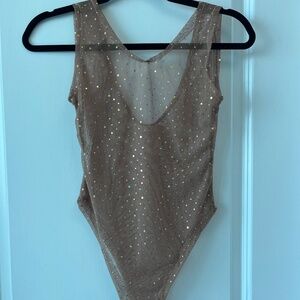 ✨ Sheer Nude Mesh Bodysuit with Gold Sparkles – Festival Ready